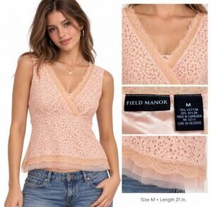 Coquette Y2K 2000s Boho Field Manor Women's Lace Peplum Top Size M Peach Blush